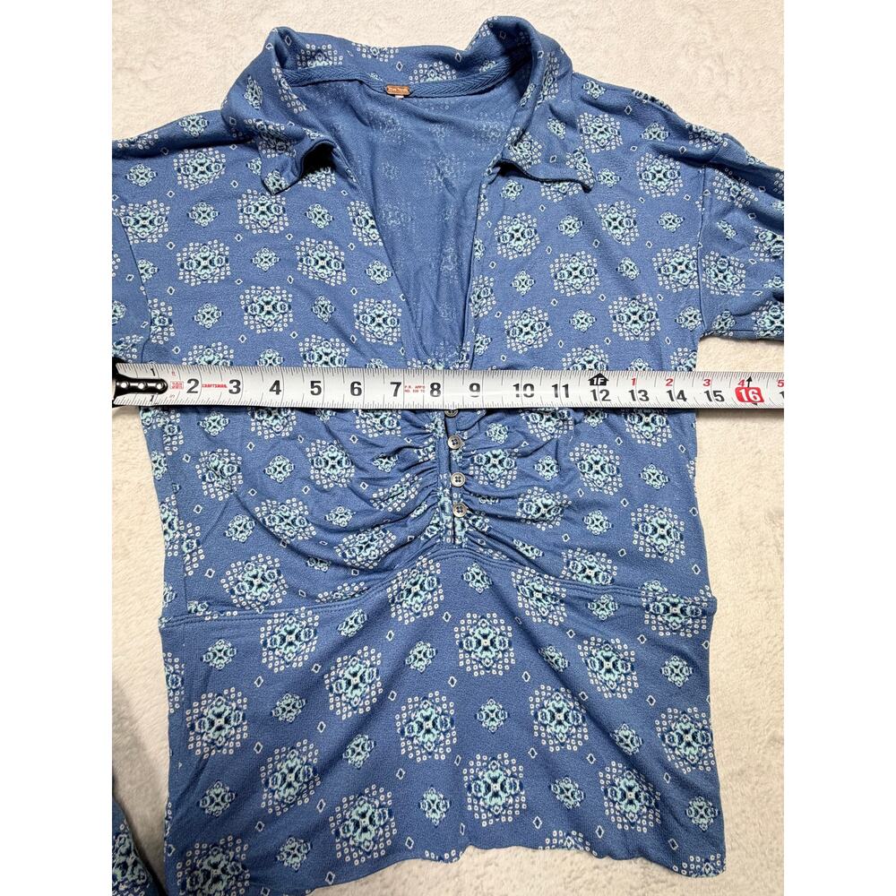 Free People Blue Patterned Ruched Front Long Sleeve Collar Top Small Boho Y2K - Picture 8 of 10